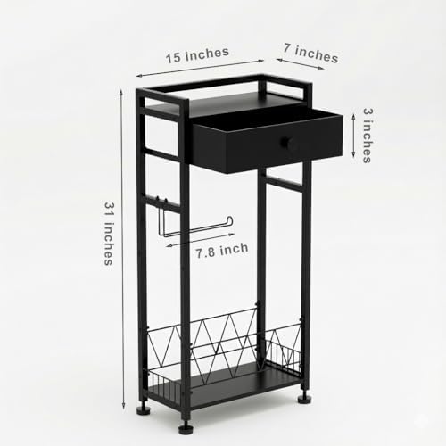 Freestanding Toilet Paper Holder Stand with Storage Drawer, Narrow Bathroom Shelf, Spare Roll Basket, 4-Way Install Paper Arm, Matte Black Space-Saving Rack for Apartments & RVs (Black) - Image 4