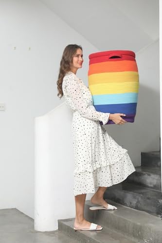 26"x20" Extra Large Tall Woven Laundry Basket with Lid, Cotton Rope Blanket Storage Basket, Freestanding Decorative Bin for Bedroom Living Room, Rainbow Multicolor - Image 2