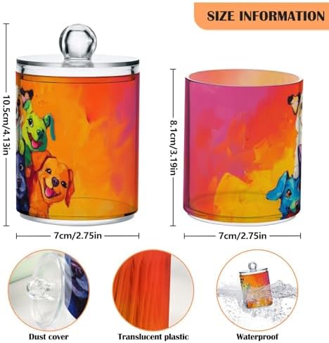 Fustylead 4 Pack Tower Of Cute Dogs Oil Painting Style Vibrant Color Qtip Holder Dispensers, Bathroom Storage Canister Plastic Apothecary Jar Set for Cotton Swabs, Ball, Pads, Floss - Image 2