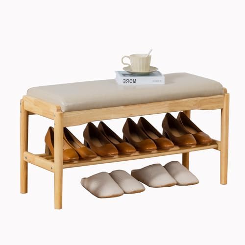 latifolia Small Shoe Bench, Solid Wood Bench with Cushion, 2 Tier Shoe Storage Organizer for Entryway(Nature,31.50''L) by Latifolia