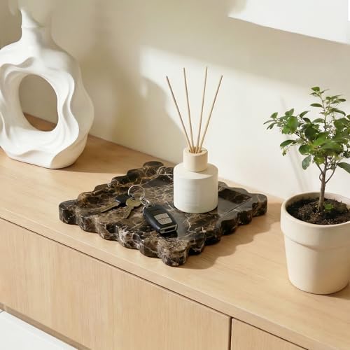 Scalloped Square Marble Decorative Tray, Natural Stone Vanity & Jewelry Tray, Trinket Organizer for Ring, Key, Dresser, Nightstand, Bathroom Counter & Kitchen Sink(Dark Brown Net) - Image 5
