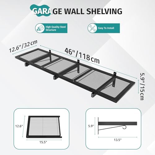 2 Pack Garage Wall Shelving, 46'' x 12.6'' Garage Shelf Wall Mounted, Heavy Duty Storage Shelves 360 LBS Capacity, Floating Storage Rack with 8 Hooks, Metal Shelf Organizer for Basement, Workshop - Image 3