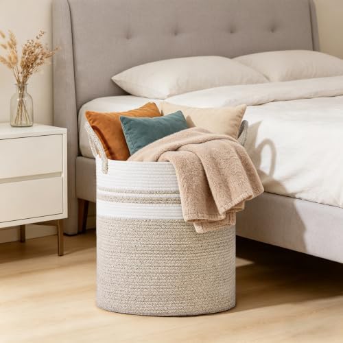 53L Tall Cotton Rope Laundry Basket with Handles, White & Brown - Image 5