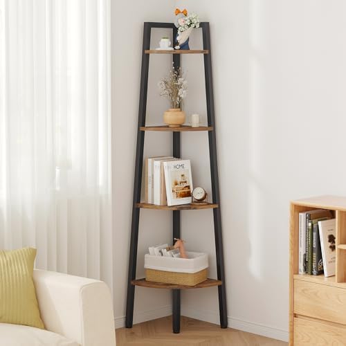 Hoctieon Corner Shelf, 4-Tier Corner Bookshelf, Rustic Ladder Shelf, Industrial Display Stand for Living Room, Kitchen, Home Office, Balcony, Small Space, Metal Frame, Rustic Brown by Hoctieon