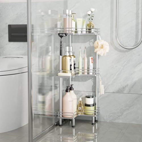 Consumest Corner Shower Caddy Standing - 3-Tier Stainless Steel Shower Organizer with Soap Holder and 4 Hooks, Large Capacity Corner Shelf Stand for Bathroom, Rest Room, Silver - Image 6