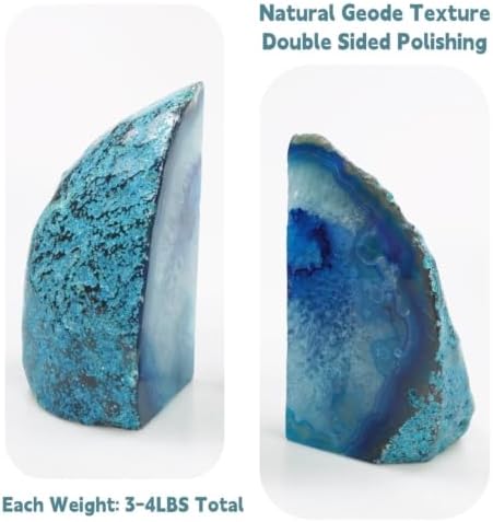 Natural Geode Bookends Pair - 3-4 lbs Heavy Duty Dyed Blue Agate, Non-Slip Crystal Bookends for Shelves | Vibrant Home Office Decor - Image 2