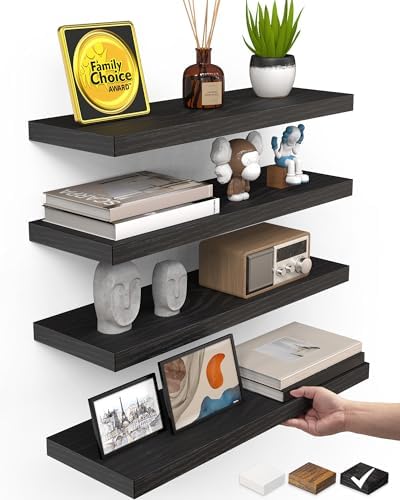 BAYKA Black Floating Shelves 15.7in, Set of 4, Wall Mount Rustic Wood Shelf by Bayka