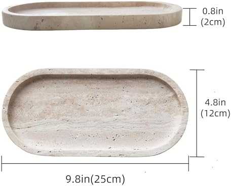 Oval Travertine Tray 4.8 in x 9.8 in for Bathroom Dresser Countertop Organizer, Natural Marble Vanity Tray for Perfume, Candles, Ring, Decorative Jewelry Dish - Image 2