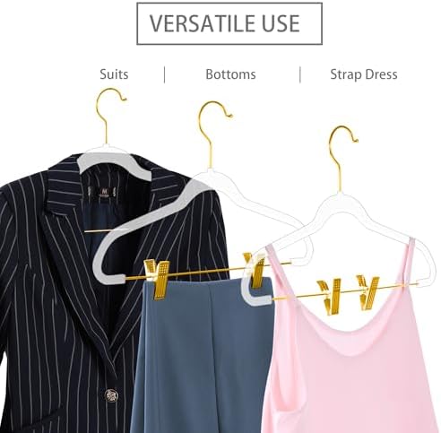 MIZGI Slim Clear Gold Pants & Skirt Hangers (20 Pack) – Adjustable Clips & Hooks, Transparent Non-Felt, Space-Saving for Dresses, Shirts, Blouses - Image 2