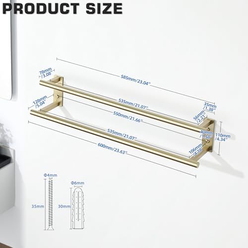Alise 24 inch Double Towel Bar for Bathroom Wall Mounted, Brushed Gold - Image 2