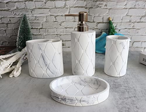 Hymmah Bathroom Accessories Set,Marble Design Toothbrush Holder,Farmhouse Bathroom Decor,4 Pcs Resin Gift Set Apartment Necessities, Contain Toothbrush Cup,Soap Dispenser,Soap Dish,Tumbler - Image 2