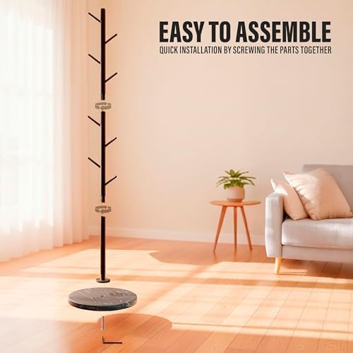 Coat Rack with Real Marble Base, Freestanding Metal Clothing Rack with 8 Hooks, Modern Hall Tree for Entryway, Bedroom & Office, Space Saving Coat Hanger Stand for Small Spaces (Black) - Image 5