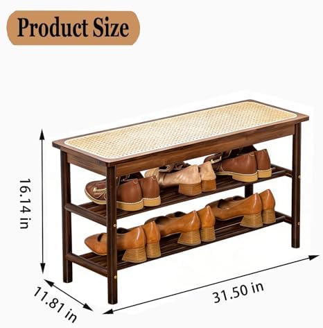 latifolia Shoe Rack Bench, 3-Tier Bamboo Shoe Bench with Breathable Rattan Seat Cushion, Shoe Storage Rack for Entryway(Walnut,31.50''L) - Image 2