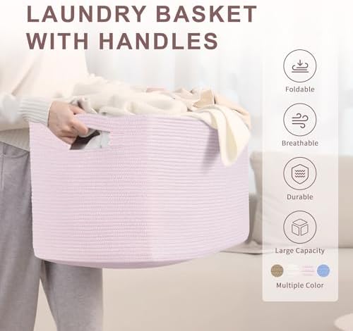 86L Large Woven Laundry Basket Hamper with Handles, Pink - Image 2