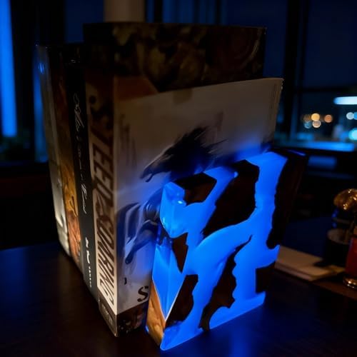 Glow in The Dark Bookends, Wood Bookends for Shelves,Blue Luminous Book Ends with Burl Wood and Resin,Decorative Book Stopper Binder and Dividers, Blue, Large,Unique Desk Decor for Home Office Library - Image 3