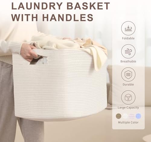 100L Extra Large Woven Laundry Basket Hamper with Handles, White - Image 4