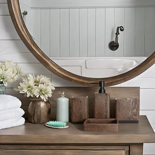 Hymmah Bathroom Accessories Set,Toothbrush Holder Set,4 Pcs Apartment Necessities (Wood Brown) - Image 4