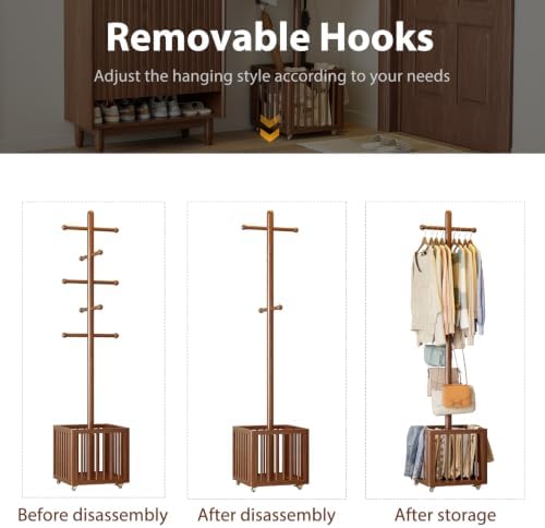 Solid Wood Freestanding Coat Rack with 10 Adjustable Hooks, Storage Basket and Lockable Casters, Organizes Hats, Clothes and Bags for Entryway, Bedroom, Living Room - Image 4