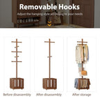 Solid Wood Freestanding Coat Rack with 10 Adjustable Hooks, Storage Basket and Lockable Casters, Organizes Hats, Clothes and Bags for Entryway, Bedroom, Living Room - Image 4