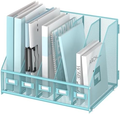SUPEASY Desk Organizers Metal Desk Magazine File Holder with 5 Vertical Compartments Rack File Organizer for Office Desktop, Classroom, Home Workspace, Blue by SUPEASY