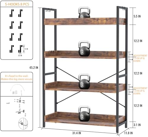 HCHQHS 4 Tier Bookshelf, Adjustable Industrial Bookcase, Vertical Tall Book Shelf, Wood and Black Metal Open Bookshelves for Home Office, Living Room, Bedroom - Image 4