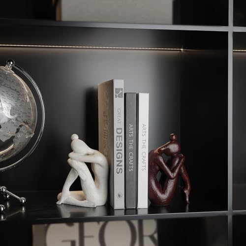 BANOMII Decorative Bookends for Shelves, Unique Book Ends for Home Office Decor, Meditation Girl Statue Book Stopper for Bookshelf Decor, Modern Abstract Aesthetic Decoration White & Brown - Image 4