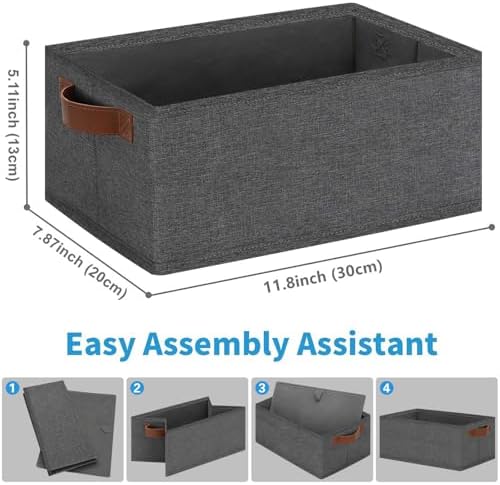 GhvyenntteS Small Fabric Storage Bins 6 Pack, 11.8" x 7.87" x 5.11" Storage Basket with Leather Handles, Closet Storage Bins for Shelves, Storage Baskets for Shelves, DVD Storage (Grey) - Image 2