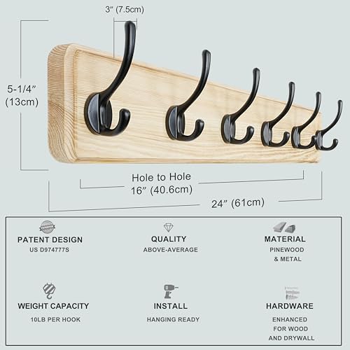 Dseap Coat Rack Wall: 24" Long, Patented, Heavy-Duty, 6-Double-Hooks Wooden Wall Mounted Coat Rack Coat Hanger Hook Rail for Winter Coats Hat Jacket Clothing, Light Brown - Image 5
