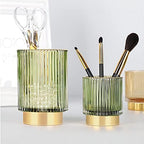 DASITON Makeup Brush holder Organizer, Crystal Cosmetic Makeup Brush Glass Brushes Storage Holder, Vintage Make Up Brush Cup Pen Pencil Holder striped vase(Green S+L) - Image 2