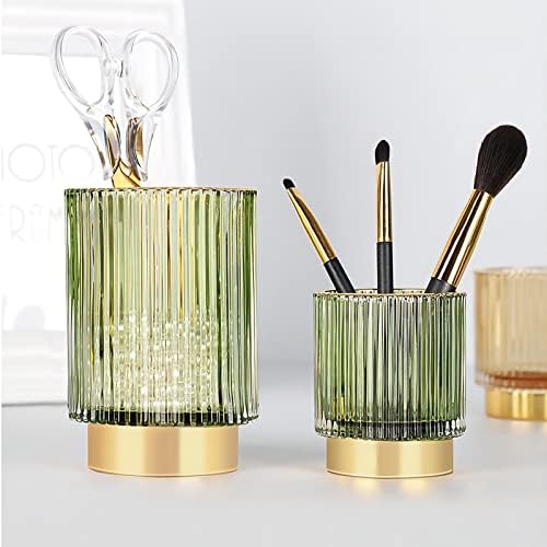 DASITON Makeup Brush holder Organizer, Crystal Cosmetic Makeup Brush Glass Brushes Storage Holder, Vintage Make Up Brush Cup Pen Pencil Holder striped vase(Green S+L) - Image 2