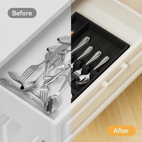 Yofidra Bamboo Silverware Organizer, 13.8 x 9.84 x 1.96 Inches Kitchen Utensil Drawer Organizer, Silverware Tray for Drawer with Fixed Slots for Spoons, Forks & Knives, Natural (Black) - Image 7