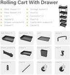 5 Tier Rolling Utility Cart with Drawer,REBECAT Utility Cart Made of Multifunctional Storage Organizer Tool for Kitchen,Bathroom,Living Room,Office(Black) - Image 4