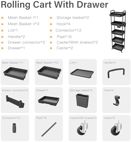 5 Tier Rolling Utility Cart with Drawer,REBECAT Utility Cart Made of Multifunctional Storage Organizer Tool for Kitchen,Bathroom,Living Room,Office(Black) - Image 4