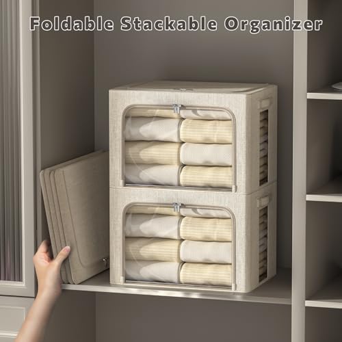 FHSQX 6 Pack Clothes Storage Bins with Metal Frame Foldable Storage Bins for Clothes Linen Fabric Storage Box with Clear Window (Beige, 19.7x15.7x13inch(66L)) - Image 3