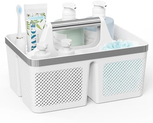 BYUNER Plastic Shower Caddy Dorm: Portable Bathroom Caddy Organizer with Handle and Holes, Cleaning Basket, Hard Shower Basket Storage Tote for Toiletry, College Dorm Room Essentials White/Silver by MakesYourHomeMoreOrganized