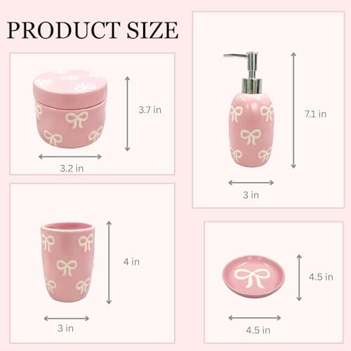 Bow Bathroom Set, 4 Pcs Ceramic Bathroom Accessory Sets - Soap Dispenser, Tumbler Toothbrush Holder, Vanity Soap Tray, Cotton Swab Jars - Pink Bathroom Decor Gift for Her (Pink) - Image 5