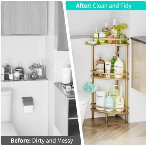 HapiRm Standing Corner Shower Caddy - 3 Tier Shower Organizer Corner with Soap Holder and 4 Hooks, Rustproof Bathroom Storage Shelves with Adhesives, Gold - Image 6