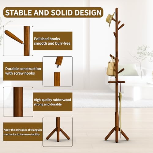Solid Wood Coat Rack, Freestanding Tree-Shaped Coat Rack with 11 Hooks, Main Pole 1.6" dia for Clothes, Hat Stand Used in Bedroom/Office/Entryway (3-Leg Base, Brown) - Image 3