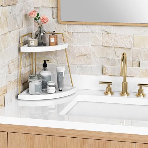 Forbena Corner Bathroom Counter Organizer, 2 Tier Bathroom Organizer Countertop, Small Bathroom Sink Top Trays Corner Shelf Stand for Makeup Vanity Perfume Skincare Decor Storage (White and Gold) - Image 3