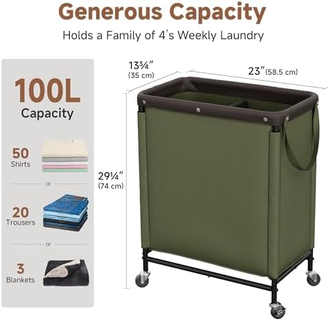 StorageWorks 2 Section Laundry Hamper, 100L Green Sorter Cart with Wheels - Image 2