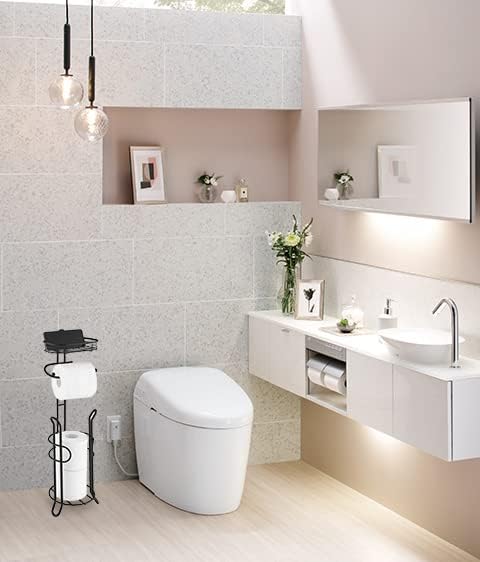 SunnyPoint Bathroom Heavyweight Toilet Tissue Paper Roll Storage Holder Stand with Reserve and Shelve, The Reserve Area Has Enough Space to Store Mega Rolls. (Black) - Image 5