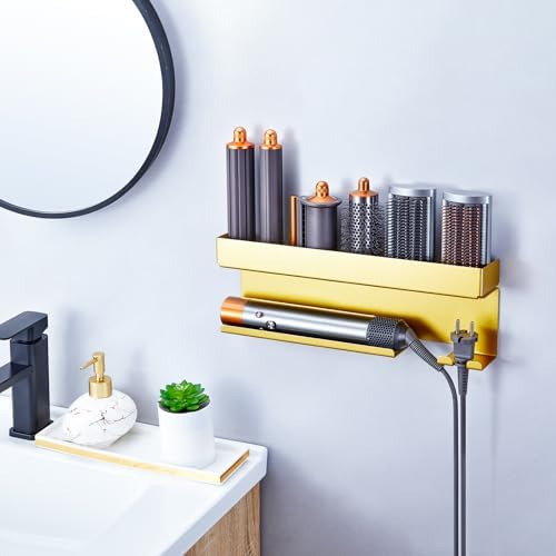 Storage Hair Dryer Holder for Curling Iron Accessories, Hair Tool Organizer Wall Mount, Curling Iron Holder, Bathroom Hair Straightener Holder Stand for Styler Attachments Organizer, Gold - Image 3