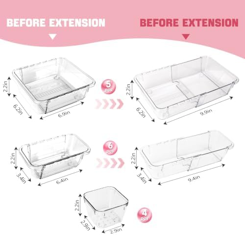 15 PCS Extendable Drawer Organizer Set Clear Stackable Vanity Storage Bins - Image 2