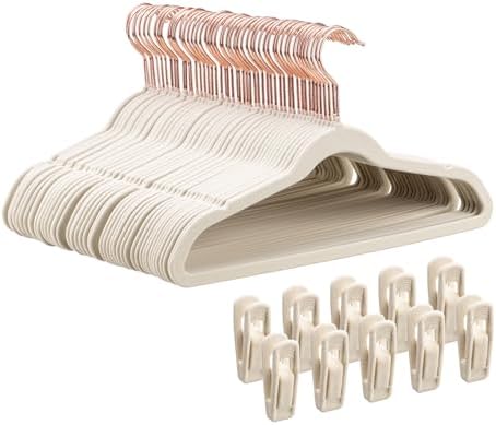 Tonswachic Child Velvet Hanger 50 Pack, 14 Inch Premium Felt Non Slip Kid Hanger for Infant & Toddler Clothes, 0.2" Slim Space-Saving Kid Felt Hanger with 10 Clips & 360° Rose Gold Hook, Beige by TonswachicHangersSpaceSaver