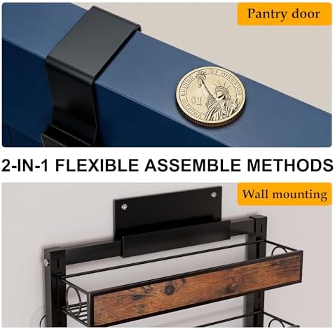 9 Tier Over The Door Pantry Orangizer 2 IN 1 Wall Mounted or Hanging Spice Rack with Adjustable Wood Basket,Heavy Duty Seasoning Storage Shelf for Kitchen Pantry and Bathroom Black - Image 6