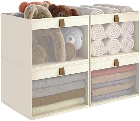 Linen Closet Organizers and Storage, Closet Storage Bins Basket Organizer, Foldable Organization Baskets with Mesh Window for Clothes Towels and Toys, 12.75" x 12.75" x 9", Beige, 4 pack by Coyacool