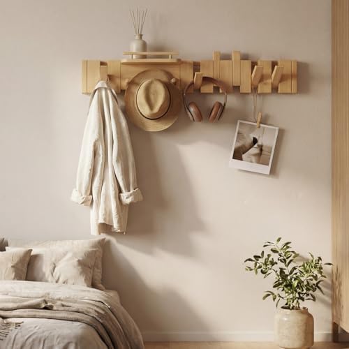 Mid Century Modern Wood Coat Rack Wall Mount with Shelf, 9 Hooks, Natural - Image 4