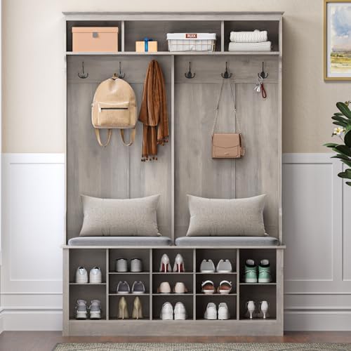 Wodeer Hall Tree with Bench and Shoe Storage, 53" Farmhouse 4-in-1 Mudroom Storage Organizer with Coat Rack, 6 Hooks, 12 Shoe Cubbies, Adjustable Shelf, for Entryway, Hallway, Living Room, Grey - Image 6