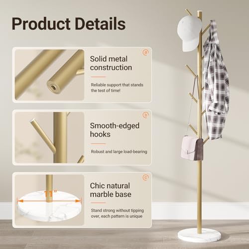 Coat Rack Freestanding, Metal Coat Rack with Natural Marble Base, Gold - Image 4