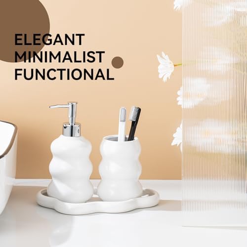 3-Piece White Ceramic Bathroom Accessories Set with Tray, Lotion Dispenser, and Tumbler for a Luxurious Bath Experience - Image 4